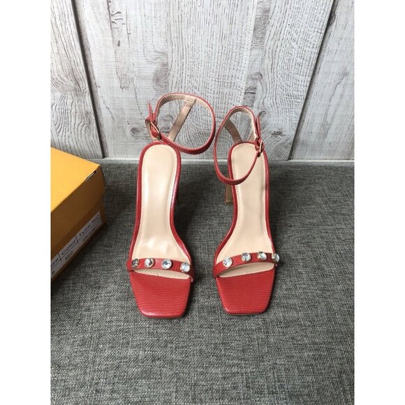 Womens Vetaste Red Chunky Sexy Ankle Strap Rhinestones Dress Heels Shoes Size 5 - Picture 5 of 8